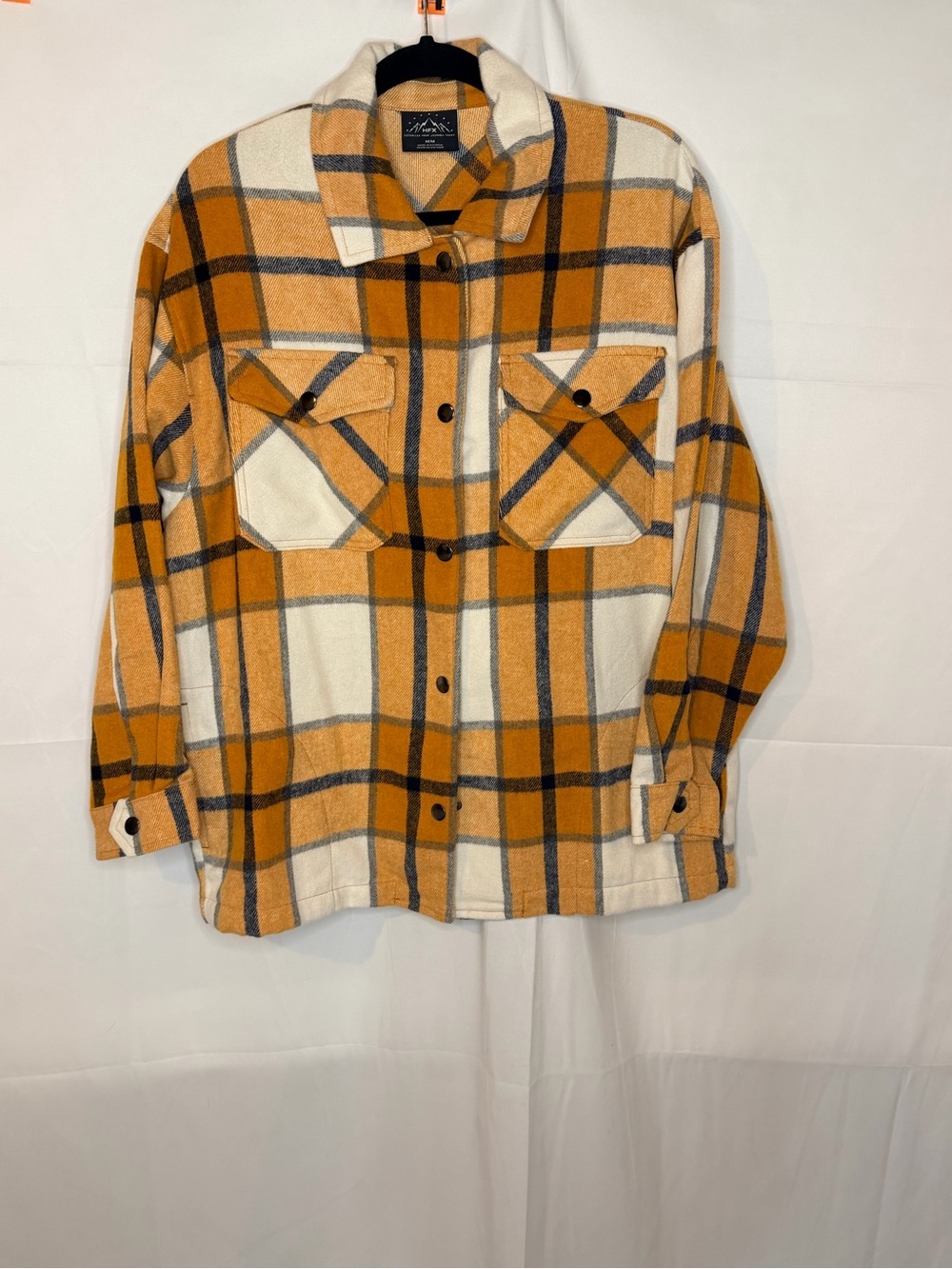 Plaid Flannel Button-Front Shacket in Mustard, Orange and White